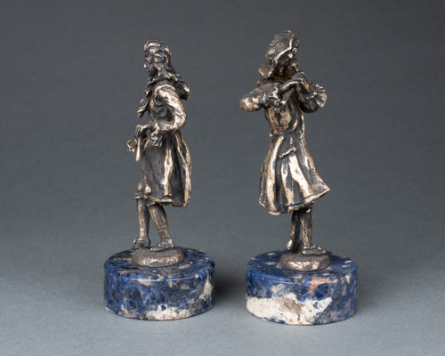 Pair of Bronze Musicians on a Lapis Lazuli Base, 19th Century