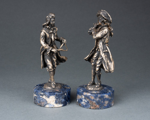 Pair of Bronze Musicians on a Lapis Lazuli Base, 19th Century