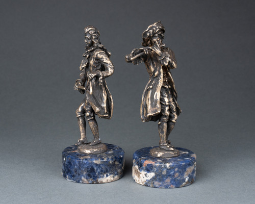 Pair of Bronze Musicians on a Lapis Lazuli Base, 19th Century