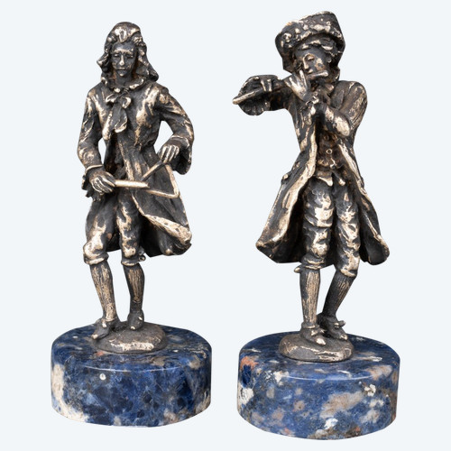 Pair of Bronze Musicians on a Lapis Lazuli Base, 19th Century