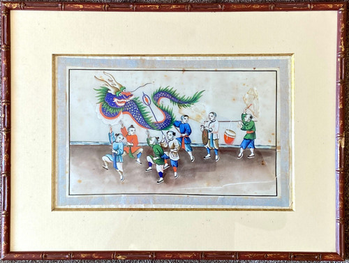 Chine Vers 1900, Gouache Sur Papier De Riz Figurant Des Enfants Défilant Avec Un Dragon.