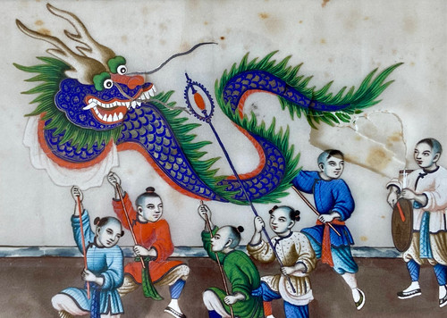 Chine Vers 1900, Gouache Sur Papier De Riz Figurant Des Enfants Défilant Avec Un Dragon.