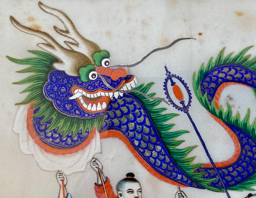 Chine Vers 1900, Gouache Sur Papier De Riz Figurant Des Enfants Défilant Avec Un Dragon.