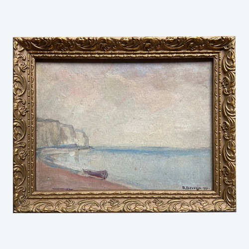 Oil on cardboard 'Plage de Normandie' by Roger DEVERIN