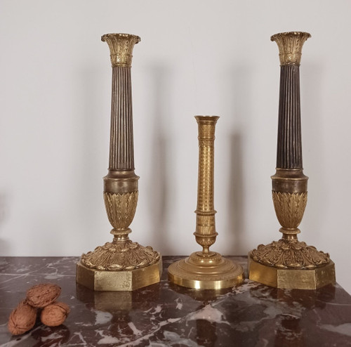 Paris, Restoration period - very large pair of candlesticks, torches - gilt bronze, patinated