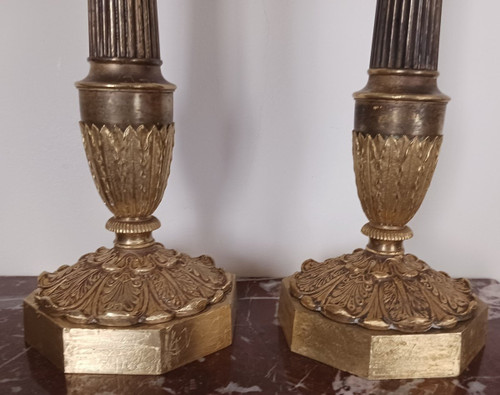 Paris, Restoration period - very large pair of candlesticks, torches - gilt bronze, patinated