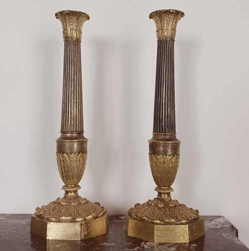 Paris, Restoration period - very large pair of candlesticks, torches - gilt bronze, patinated