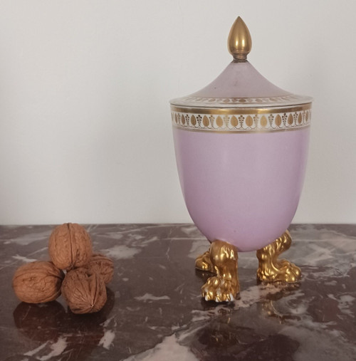 Dagoty et Honoré - rare sucrier tripode en porcelaine - fond lilas - Empire, Restauration