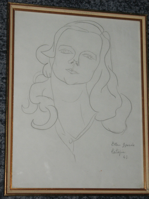 Louis Latapie drawing dated and signed portrait of Ellen Guejde with certificate of authenticity