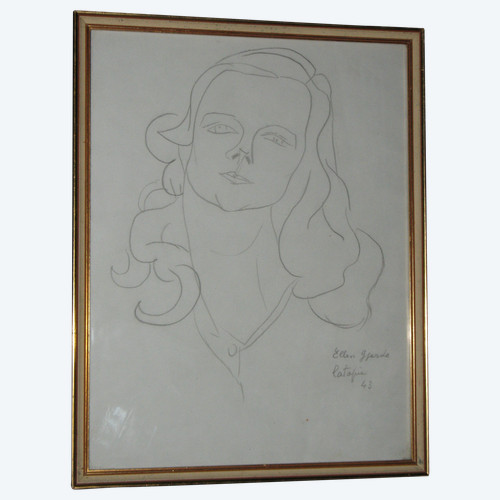 Louis Latapie drawing dated and signed portrait of Ellen Guejde with certificate of authenticity