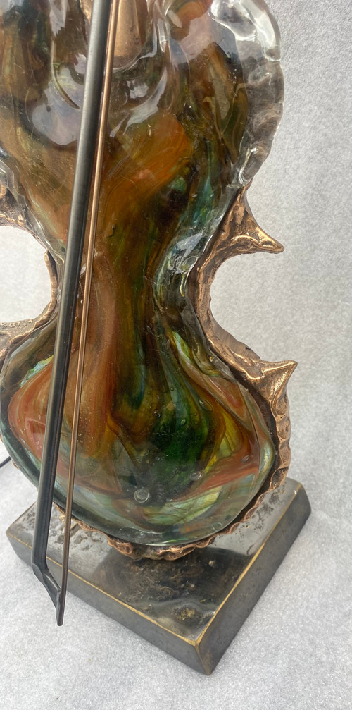 1970/80 Lampe Violon En Bronze Et Pate De Verre , Sculpture Signée LOHE