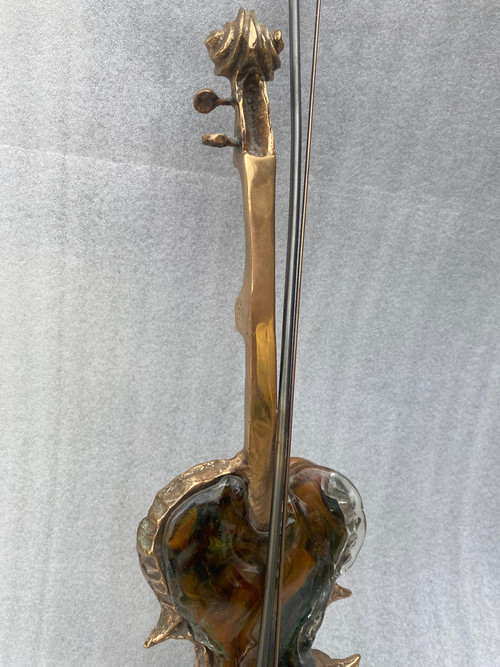 1970/80 Lampe Violon En Bronze Et Pate De Verre , Sculpture Signée LOHE