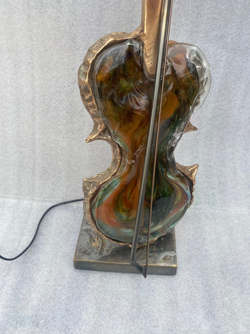 1970/80 Lampe Violon En Bronze Et Pate De Verre , Sculpture Signée LOHE