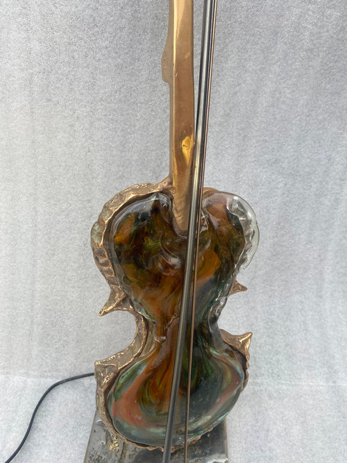 1970/80 Lampe Violon En Bronze Et Pate De Verre , Sculpture Signée LOHE