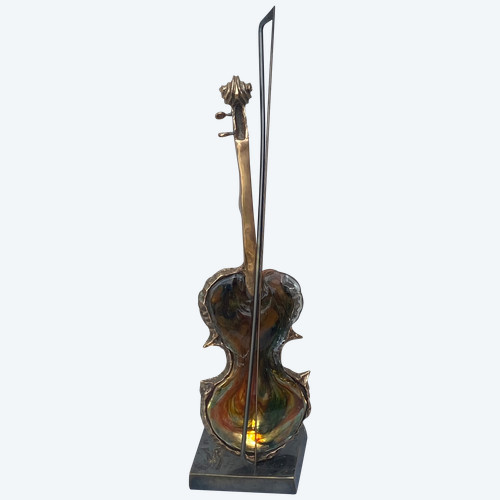 1970/80 Lampe Violon En Bronze Et Pate De Verre , Sculpture Signée LOHE