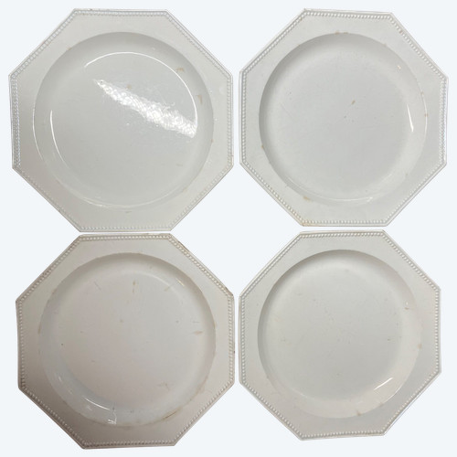 4 assiettes creuses blanches octogonales bords perlés Montereau 1803-1810