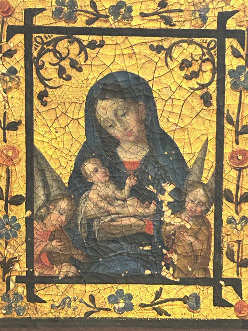 Oil On Canvas Virgin and Child Between Two Musician Angels - Gold Background - 18th century