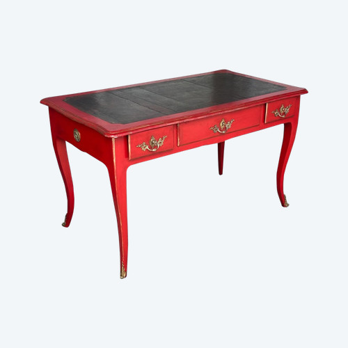 Bureau Plat De Style Louis XV Laqué Rouge Carmin époque XIXéme Siècle