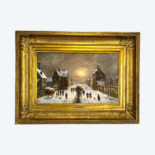 PAINTING / OIL ON CANVAS SIGNED MALLEBRANCHE 1790-1838 "SNOW VILLAGE