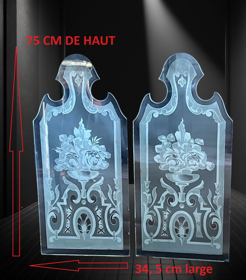 PAIR OF 1900S FROSTED AND ACID-ETCHED GLASS BISTRO WINDOWS