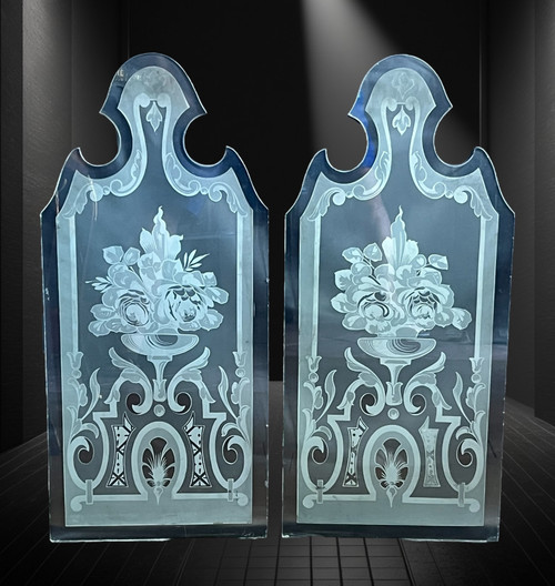 PAIR OF 1900S FROSTED AND ACID-ETCHED GLASS BISTRO WINDOWS