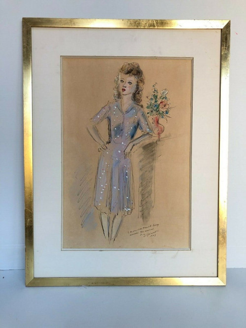 Aquarelle dessin rehaussé de femme 1943 signée André Dignimont