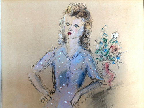 Aquarelle dessin rehaussé de femme 1943 signée André Dignimont