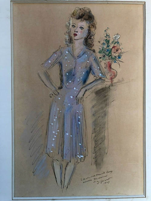 Aquarelle dessin rehaussé de femme 1943 signée André Dignimont