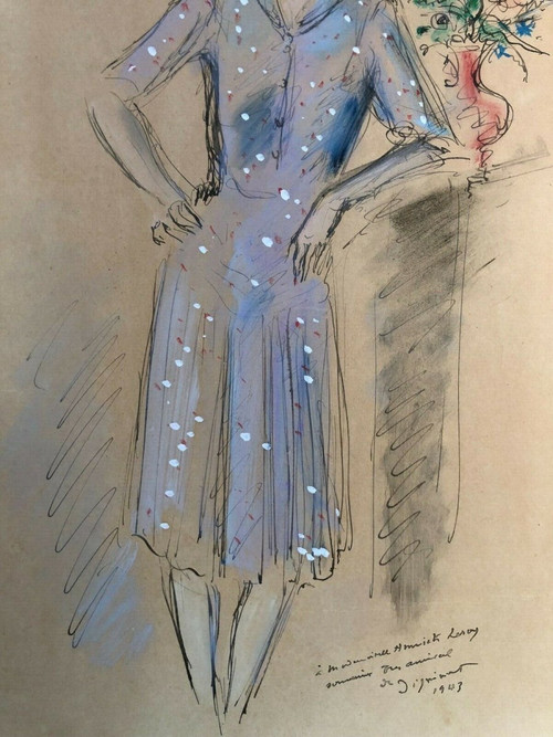 Aquarelle dessin rehaussé de femme 1943 signée André Dignimont