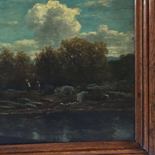 Oil on wood panel by Chevallier 1878 Barbizon scene wooden frame