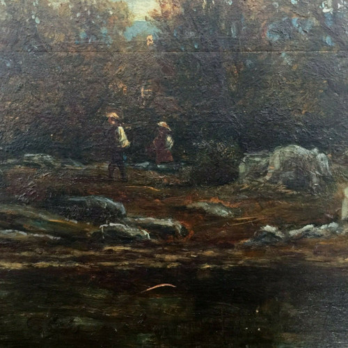 Oil on wood panel by Chevallier 1878 Barbizon scene wooden frame