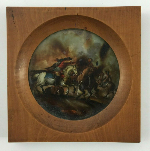 Miniature under glass battle scene with horses 19th century wooden frame