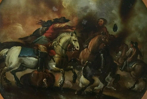 Miniature under glass battle scene with horses 19th century wooden frame