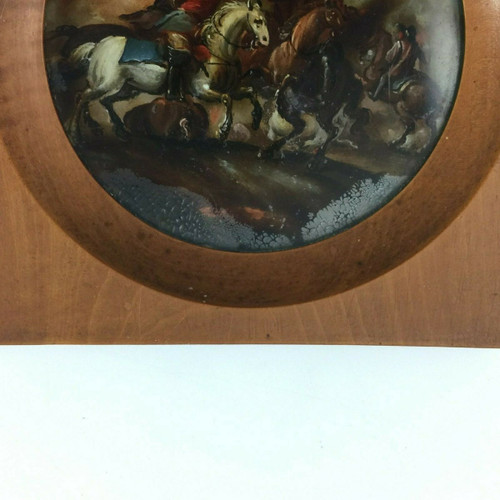 Miniature under glass battle scene with horses 19th century wooden frame