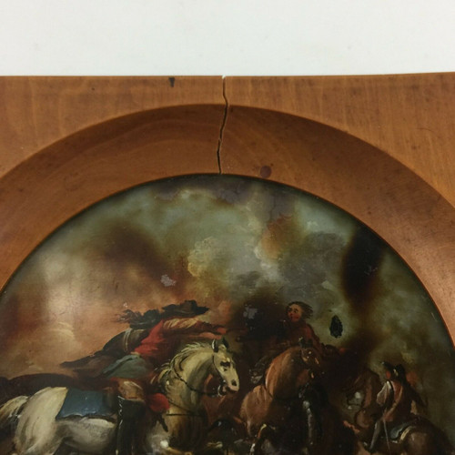 Miniature under glass battle scene with horses 19th century wooden frame