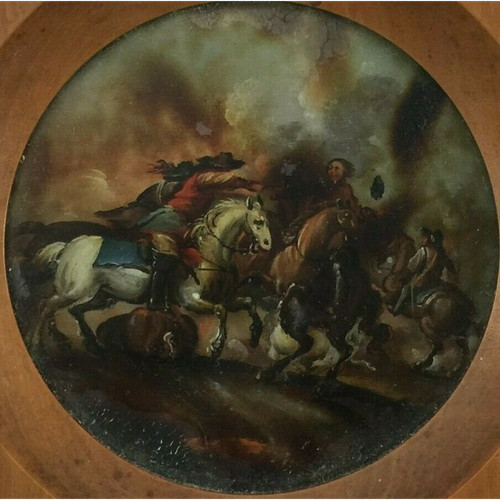 Miniature under glass battle scene with horses 19th century wooden frame