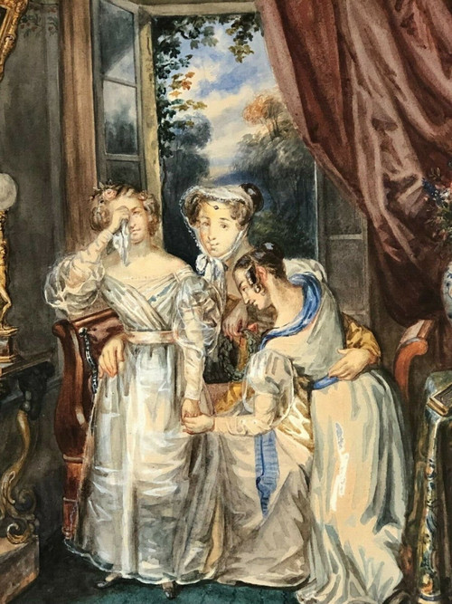 Aquarell auf Papier von William Louis, Innenszene mit jungen Mädchen, 19. Jahrhundert