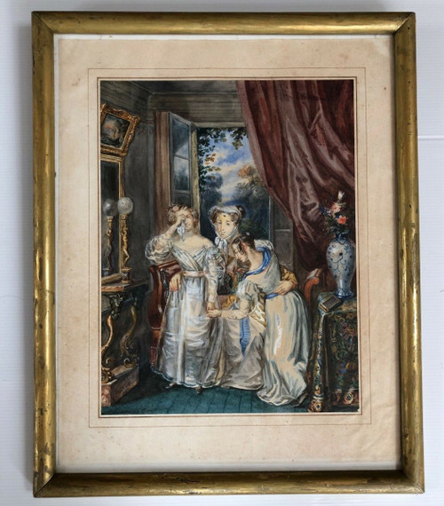 Aquarell auf Papier von William Louis, Innenszene mit jungen Mädchen, 19. Jahrhundert