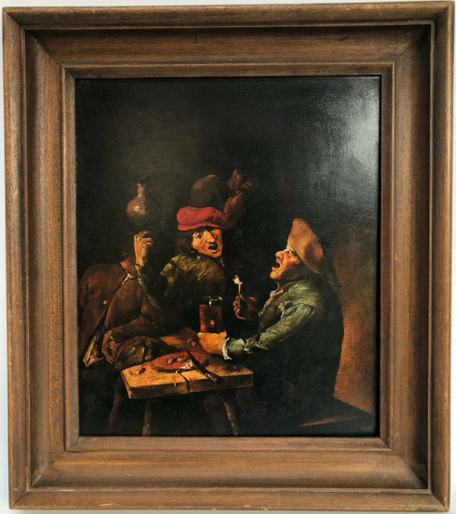 Oil on copper panel tavern scene 19th century wooden frame