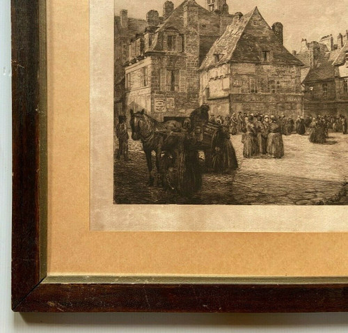 Engraving of a Breton market scene by Georges Maulemouck 1900, natural wood frame