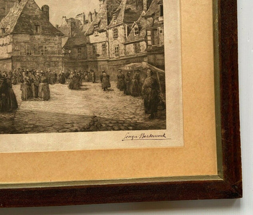 Engraving of a Breton market scene by Georges Maulemouck 1900, natural wood frame