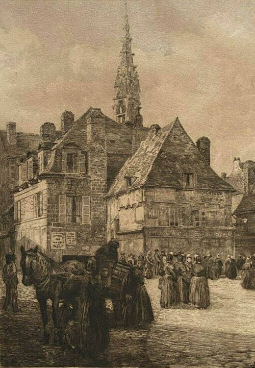 Engraving of a Breton market scene by Georges Maulemouck 1900, natural wood frame