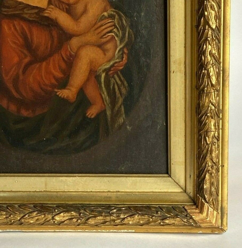 Olio su tavola Vergine Maria XIX secolo opera italiana Cornice dorata