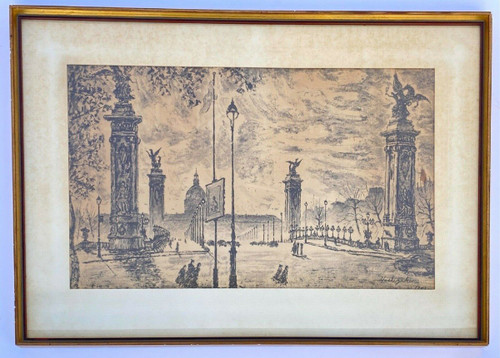 Dessin par Yonosuke Hoshizaki vue du pont Alexandre III Paris 1951