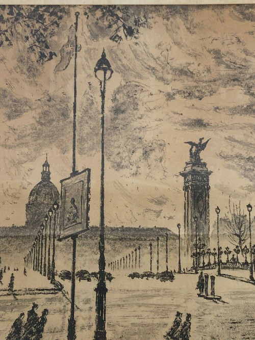 Dessin par Yonosuke Hoshizaki vue du pont Alexandre III Paris 1951