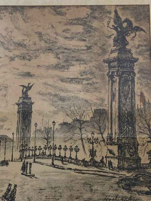 Dessin par Yonosuke Hoshizaki vue du pont Alexandre III Paris 1951