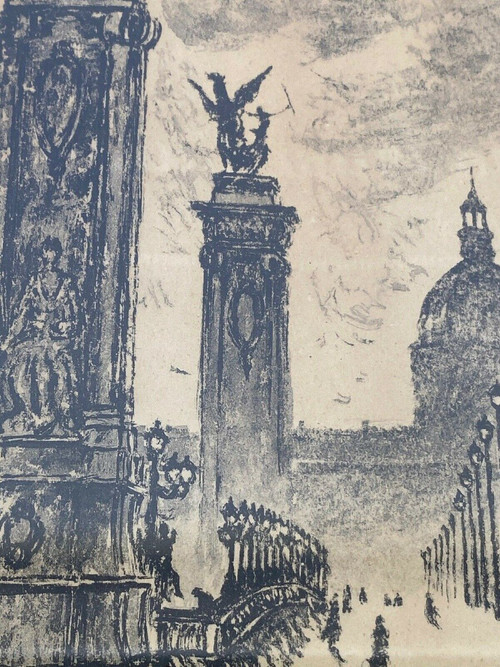 Dessin par Yonosuke Hoshizaki vue du pont Alexandre III Paris 1951