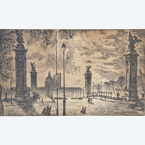 Dessin par Yonosuke Hoshizaki vue du pont Alexandre III Paris 1951