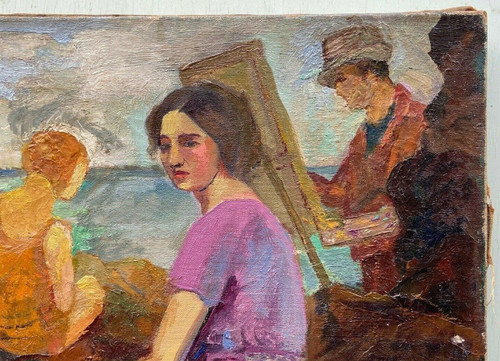 Olio su tela scena di spiaggia 1930 pittore da cavalletto