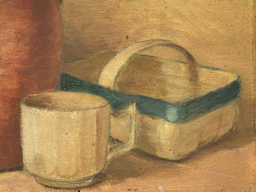 Still life oil on panel stoneware pot and basket 1943